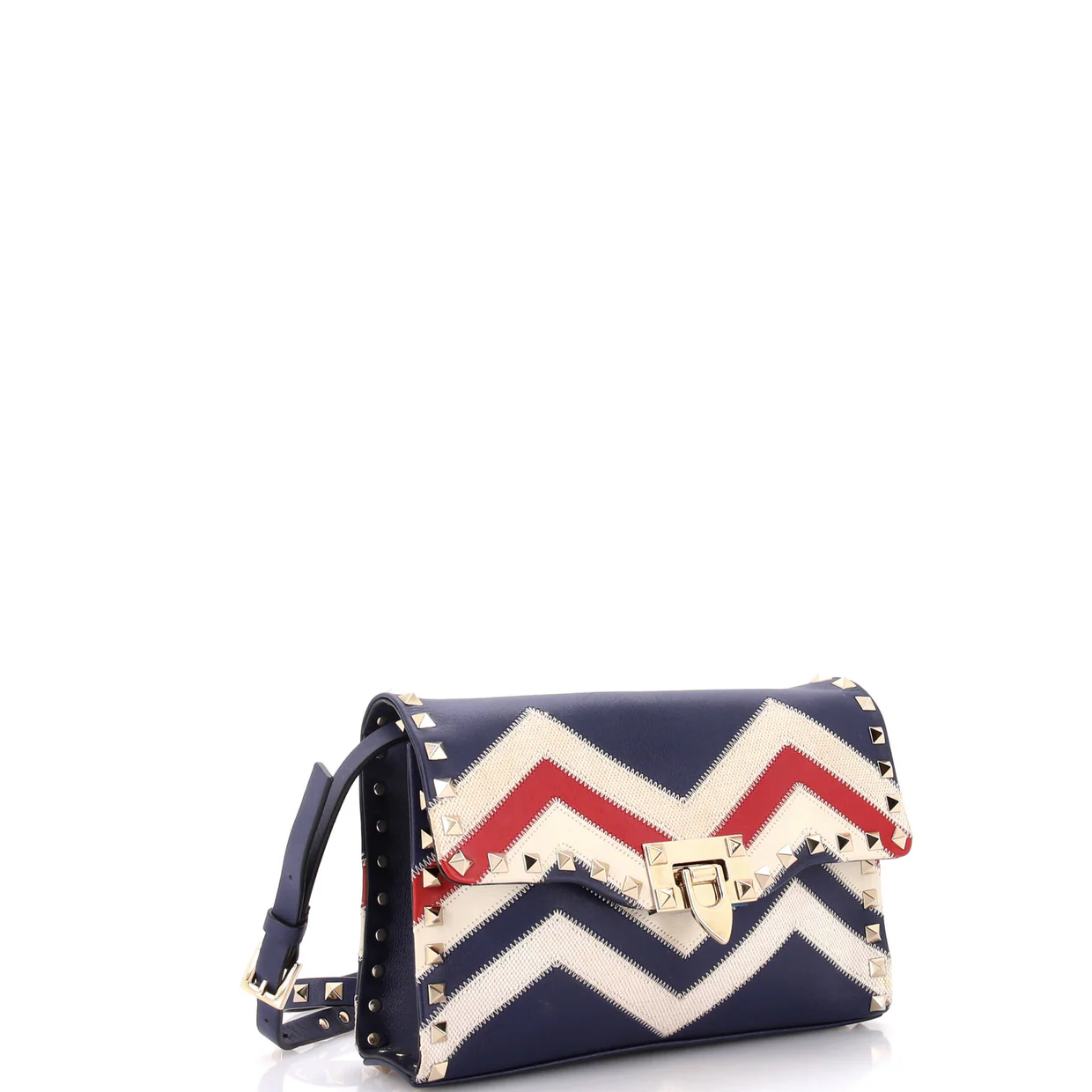 Rockstud Flip Lock Flap Bag Leather and Canvas Small - Deep Luxury