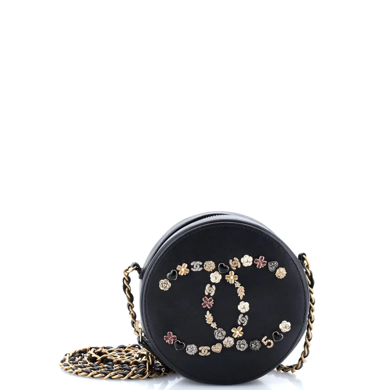 Lucky Charms Round Clutch With Chain Embellished Lambskin - Deep Luxury