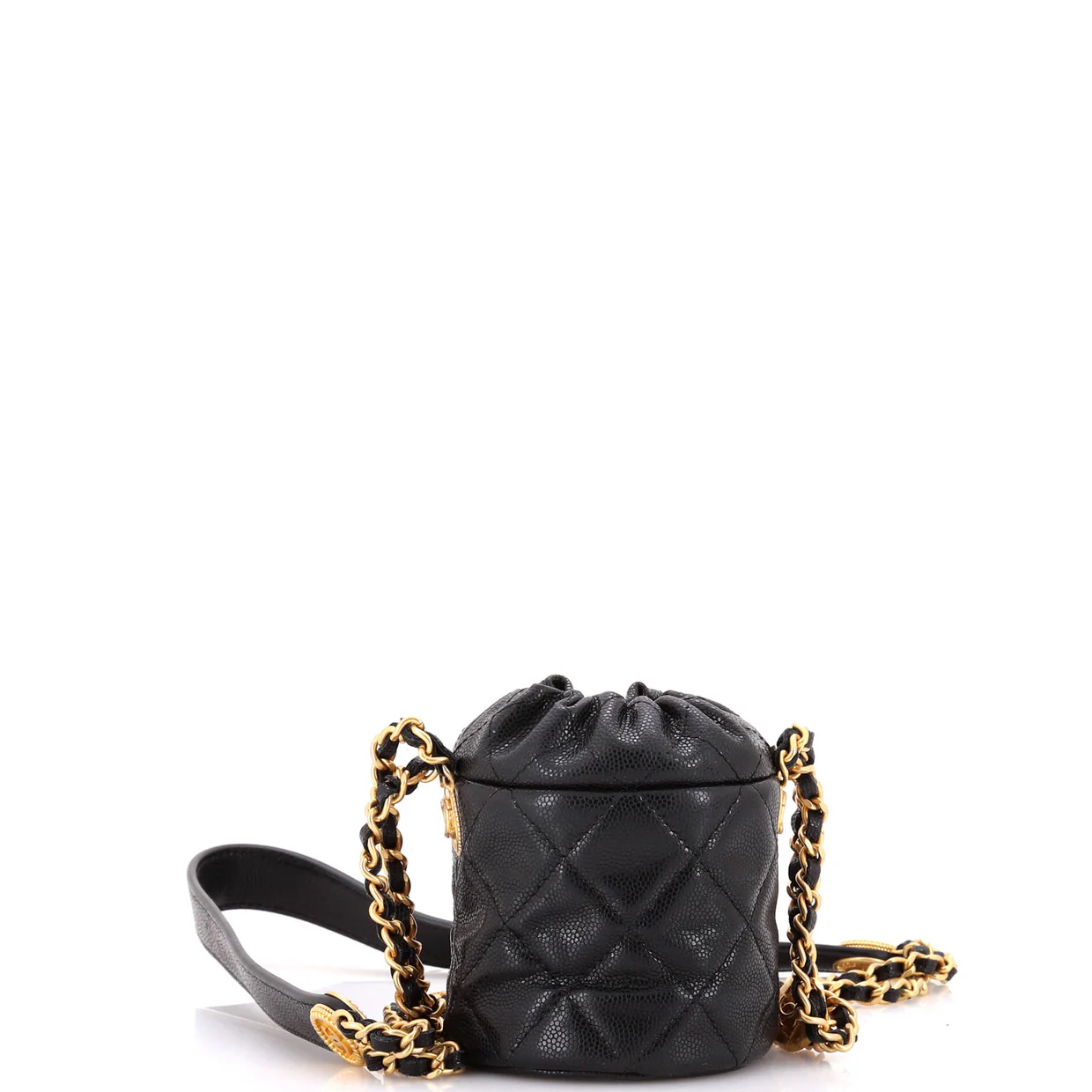 Twist Your Buttons Drawstring Bucket Bag Quilted Caviar Mini - Deep Luxury