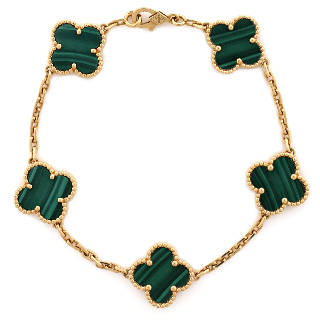 Vintage Alhambra 5 Motifs Bracelet 18K Yellow Gold and Malachite - Deep Luxury
