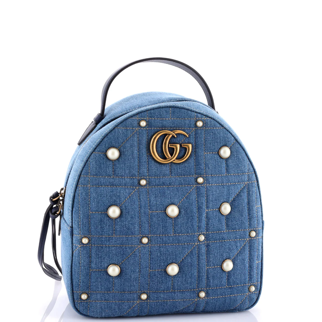 Pearly GG Marmont Backpack Embellished Matelasse Denim Small - Deep Luxury