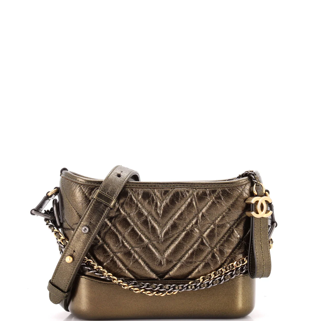 Gabrielle Hobo Chevron Metallic Aged Calfskin Small - Deep Luxury