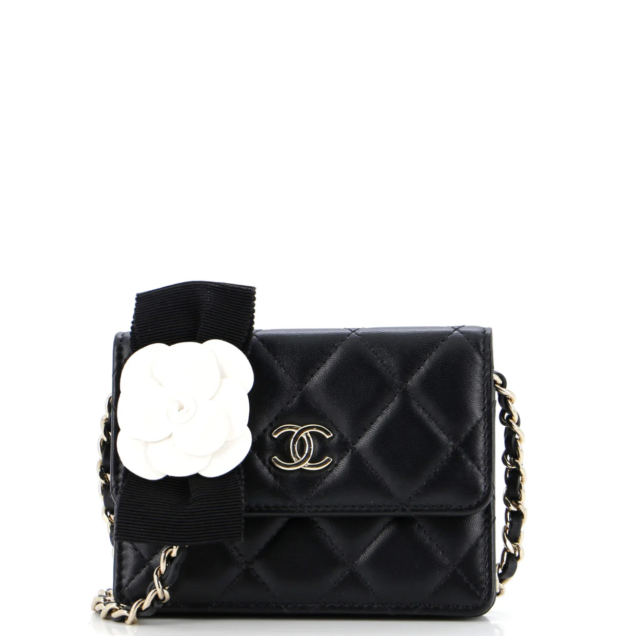 Camellia Bow Flap Card Holder with Chain Quilted Lambskin - Deep Luxury