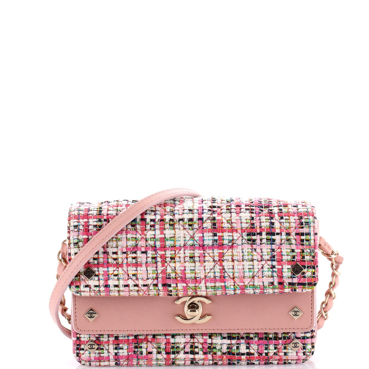 CC Stud Double Flap Bag Quilted Tweed with Leather Small - Deep Luxury