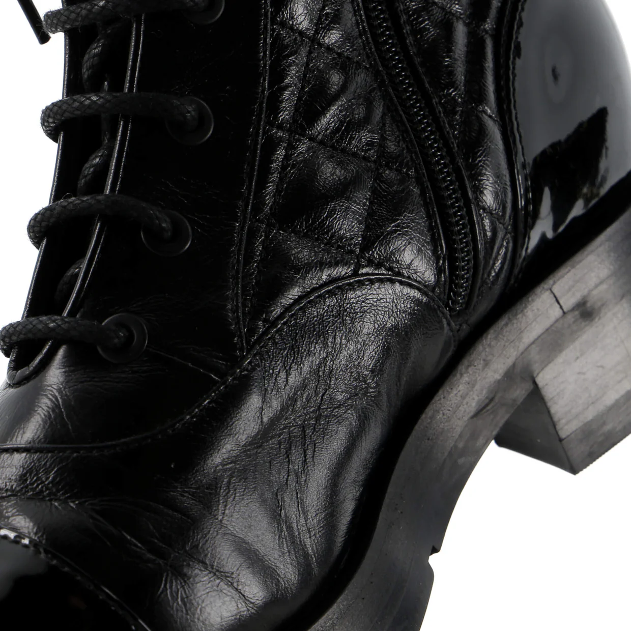 Women's Charm Chain CC Cap Toe Combat Boots Quilted Leather - Deep Luxury