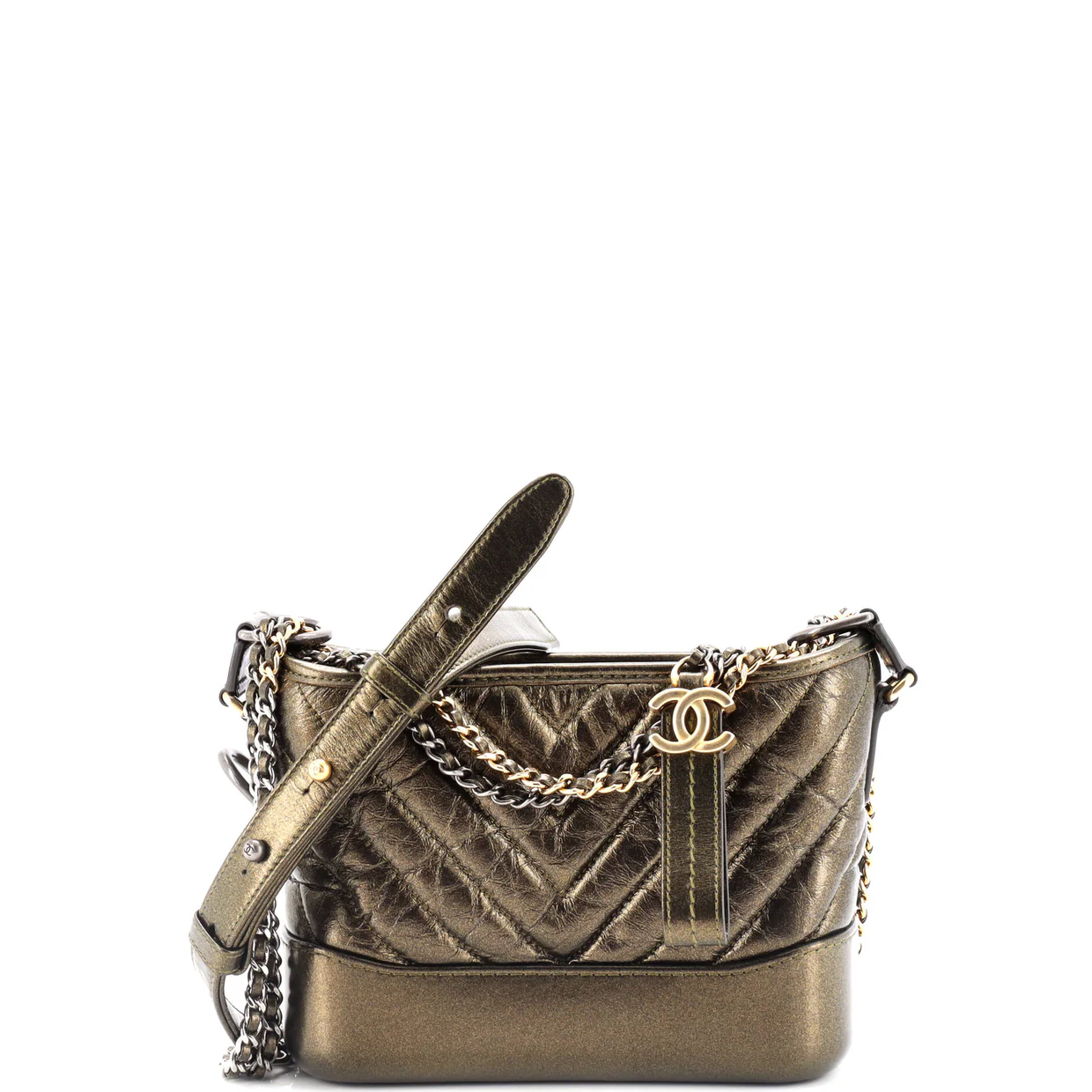 Gabrielle Hobo Chevron Metallic Aged Calfskin Small - Deep Luxury