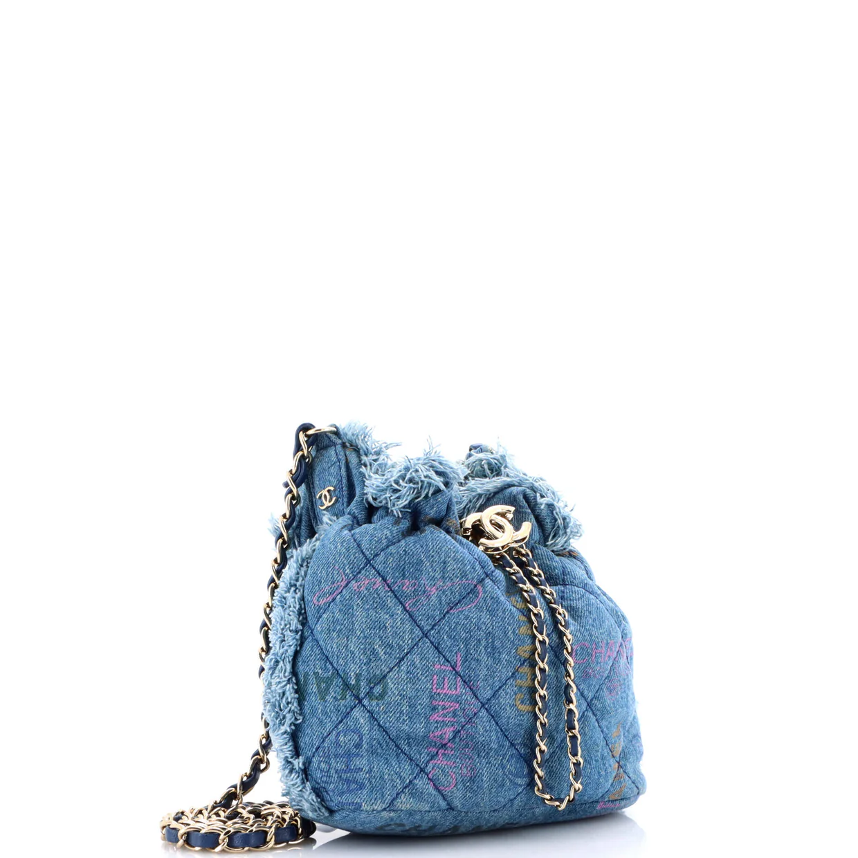 Denim Mood Chain Bucket Bag Logo Printed Quilted Fringe Denim Medium - Deep Luxury