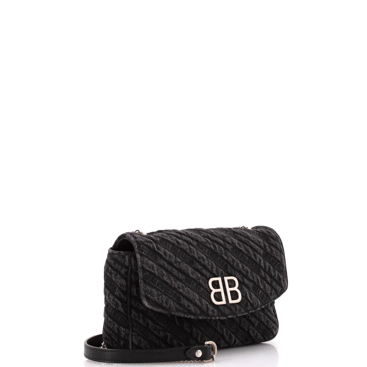 BB Chain Round Shoulder Bag Quilted Embroidered Denim Small - Deep Luxury