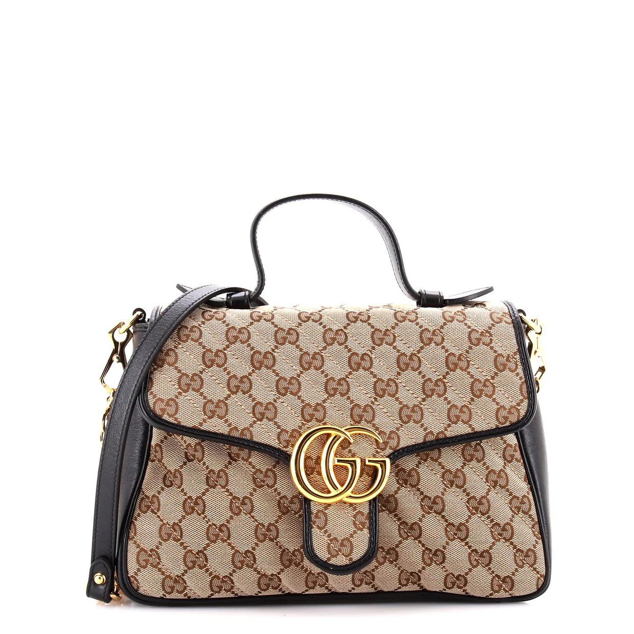 GG Marmont Top Handle Flap Bag Diagonal Quilted GG Canvas with Leather Small - Deep Luxury