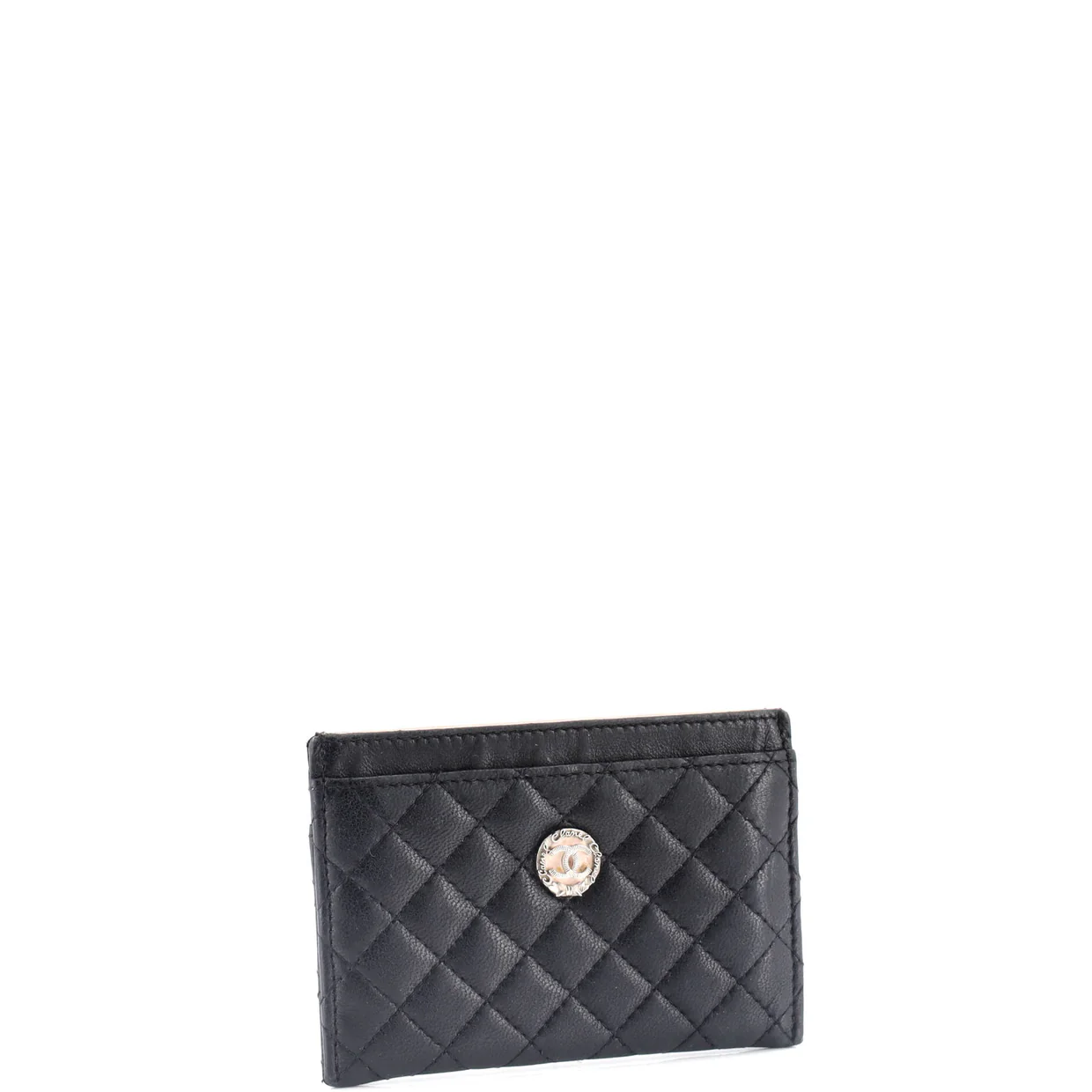 CC Bow Button Card Holder Micro Quilted Lambskin - Deep Luxury