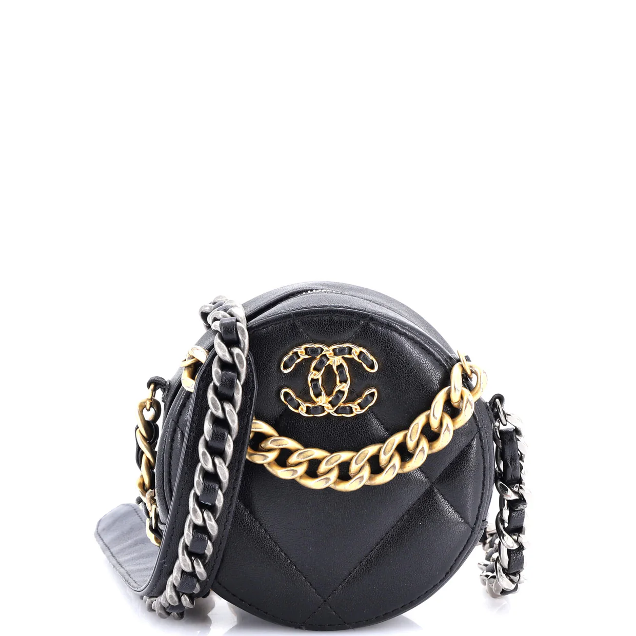 19 Round Clutch with Chain Quilted Leather - Deep Luxury