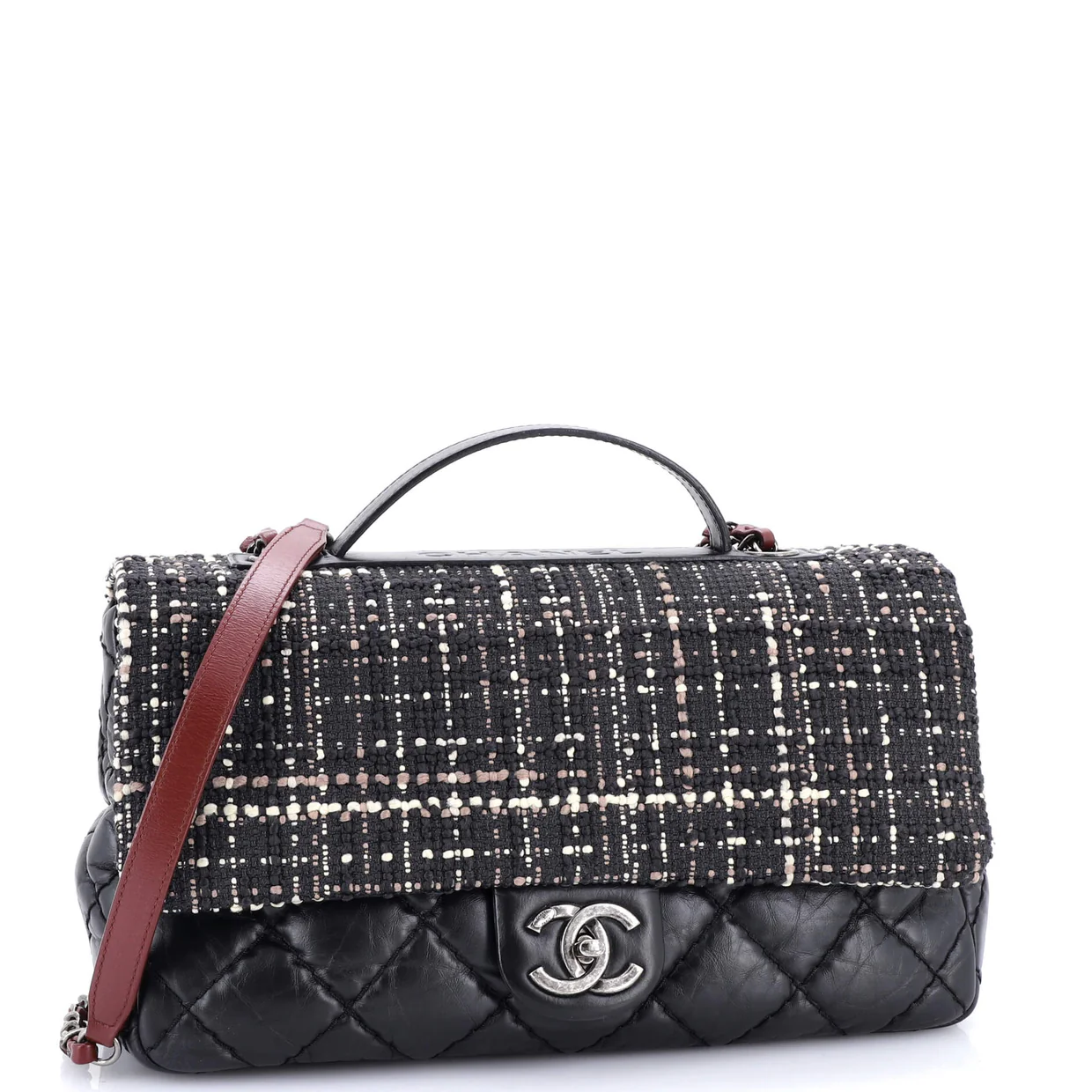 CC Top Handle Flap Bag Tweed and Quilted Aged Calfskin Medium - Deep Luxury