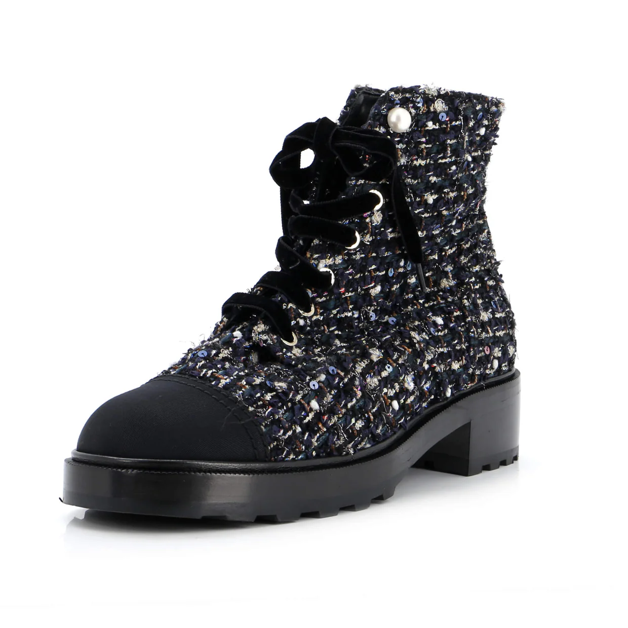 Women's Pearl Cap Toe Lace Up Combat Boots Sequin Embellished Tweed - Deep Luxury