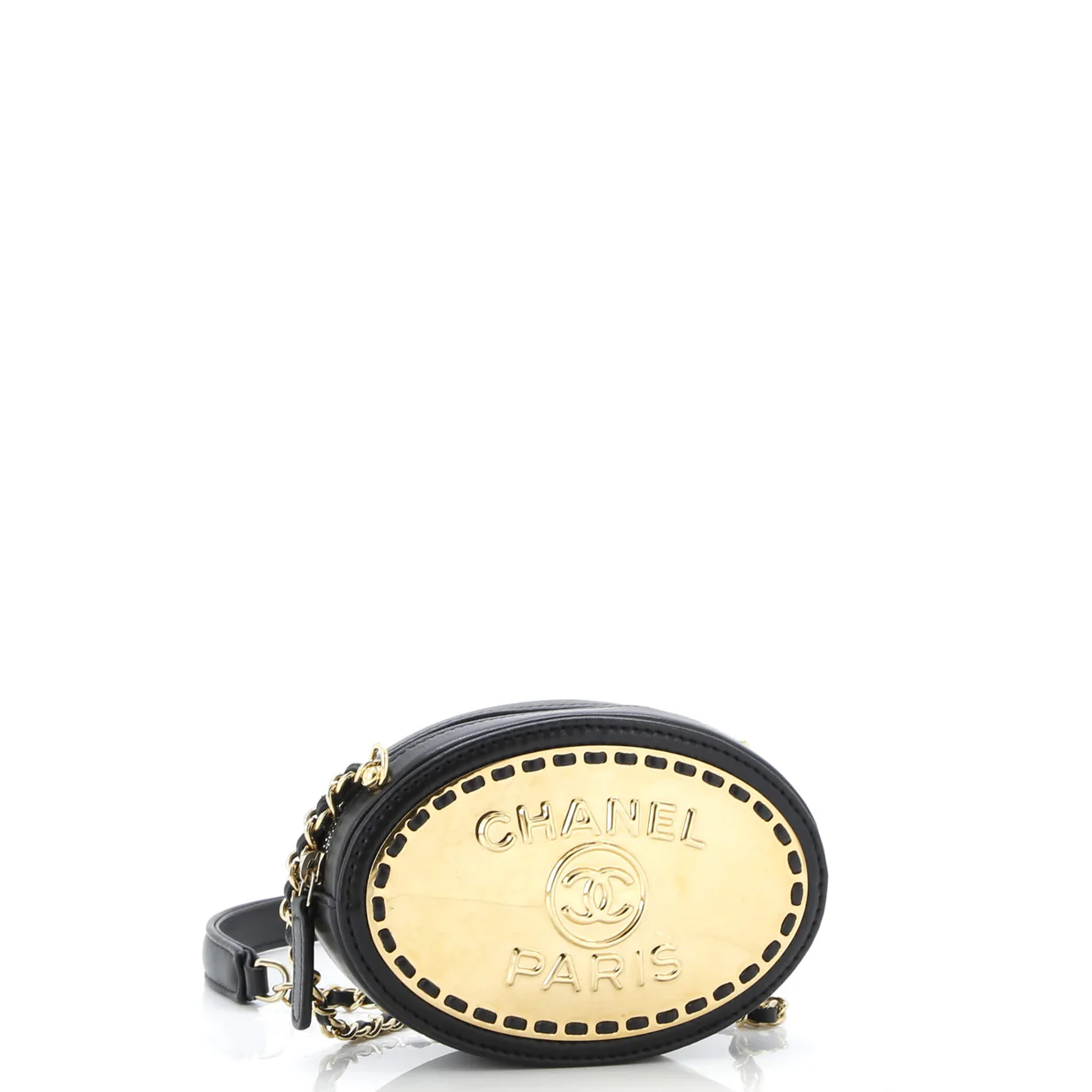 Logo Plate Oval Clutch With Chain Metal and Lambskin - Deep Luxury