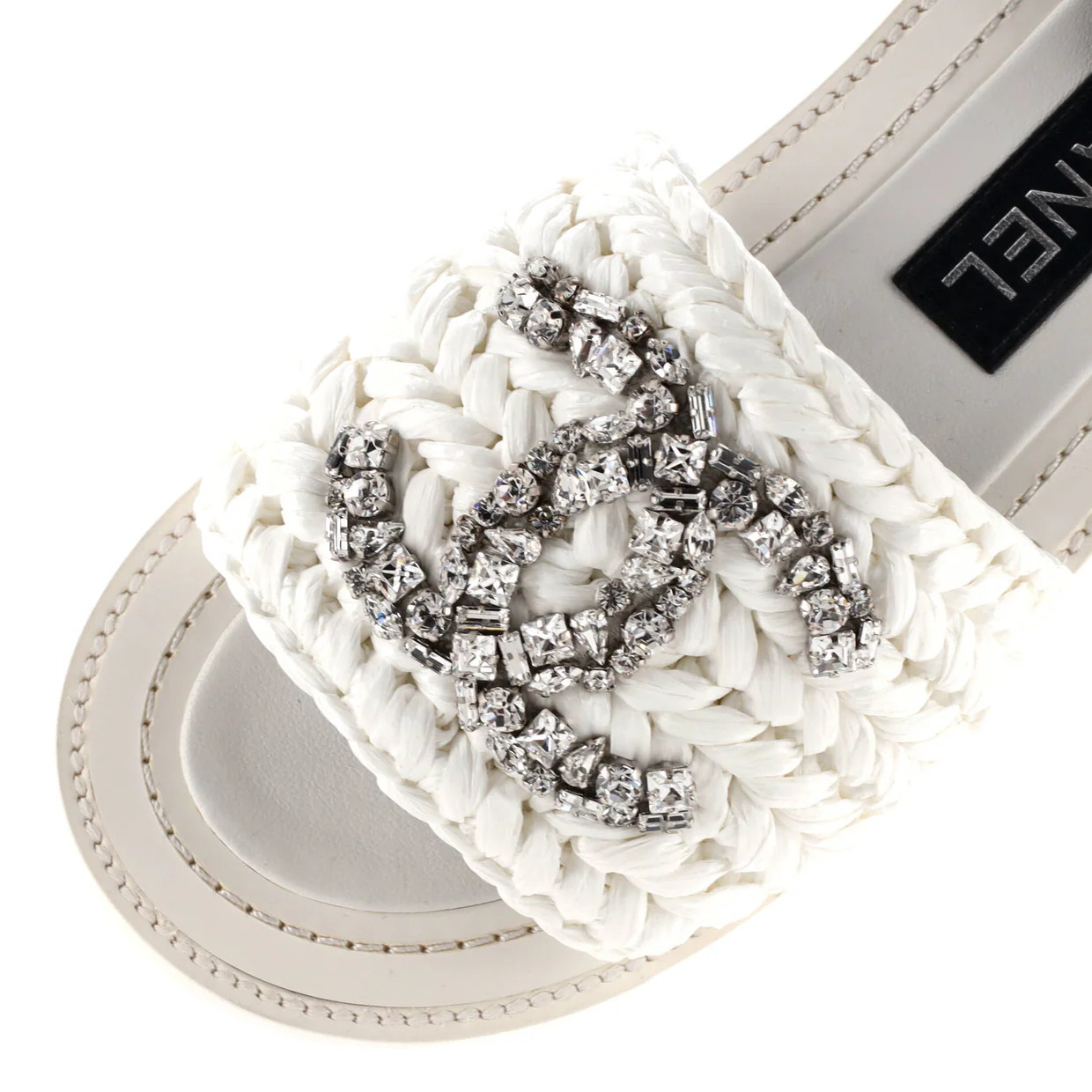 Women's CC Slide Sandals Crystal Embellished Woven Raffia - Deep Luxury
