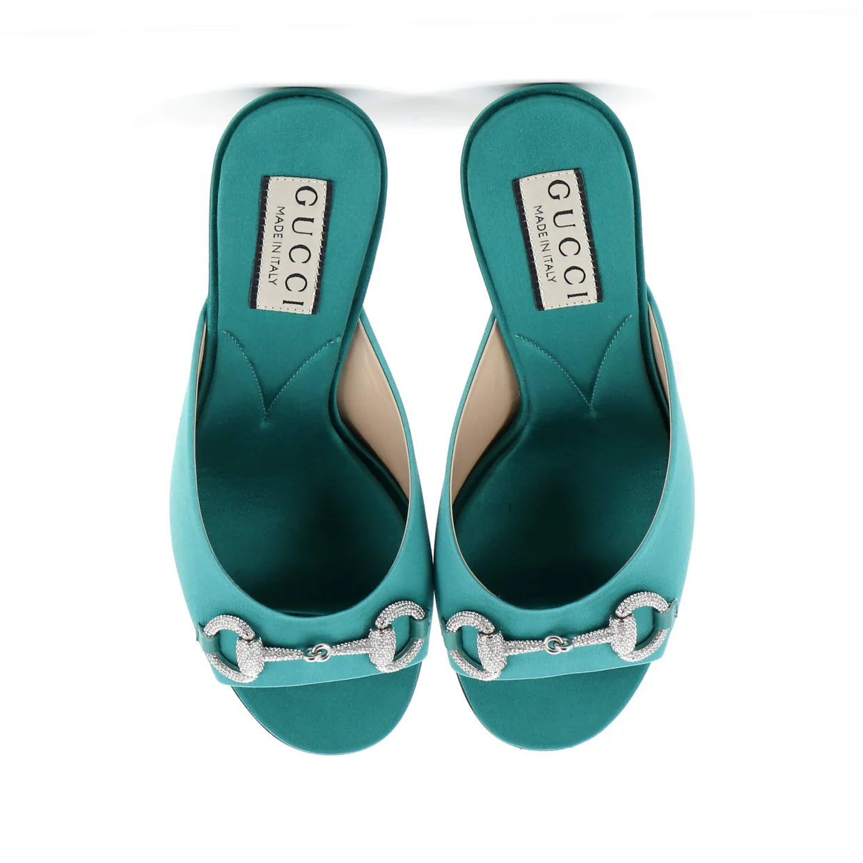 Women's Horsebit Heeled Mule Sandals Satin with Crystals - Deep Luxury