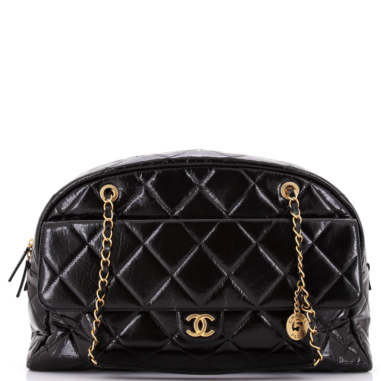 CC No. 5 Medallion Flap Chain Bowler Bag Quilted Patent Large - Deep Luxury