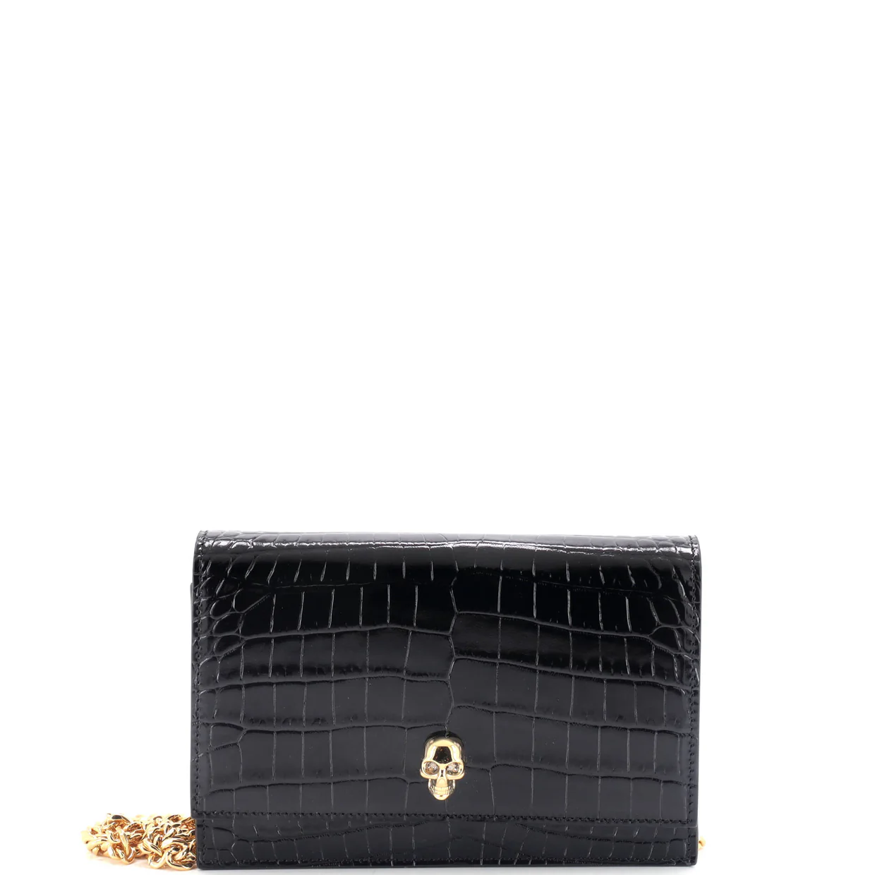 Skull Chain Crossbody Bag Crocodile Embossed Leather Mini - Deep Luxury
