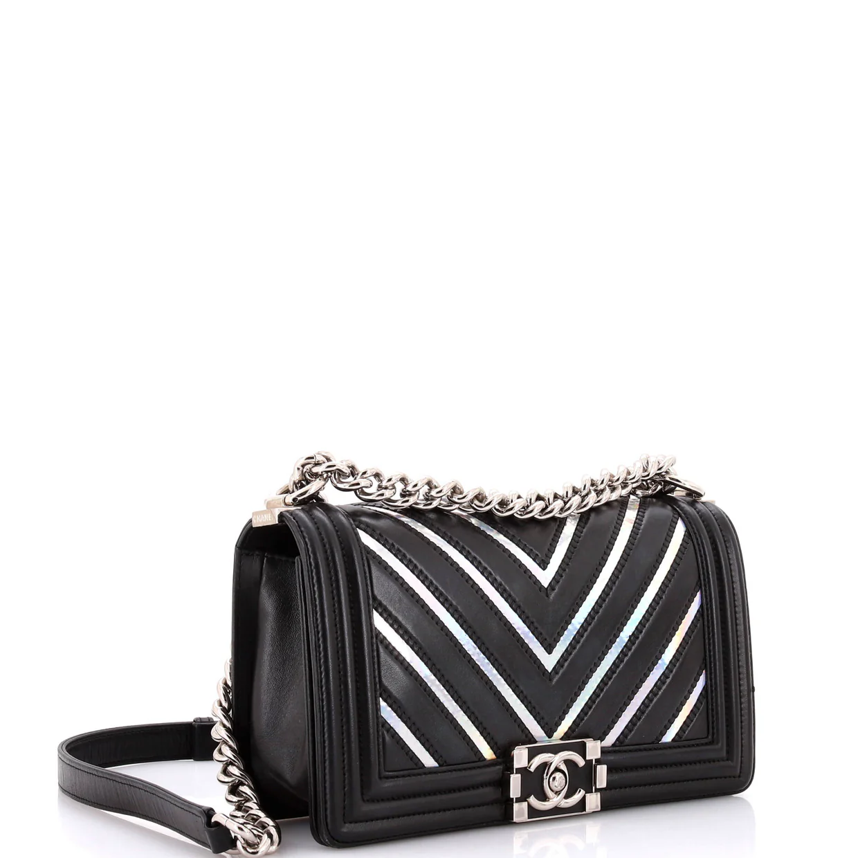 Boy Flap Bag Chevron Lambskin with Holographic PVC Old Medium - Deep Luxury