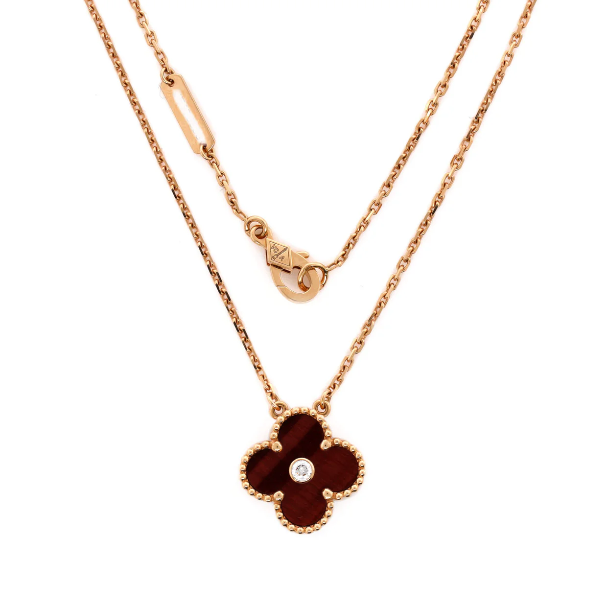 Vintage Alhambra Pendant Necklace 18K Rose Gold and Tiger Eye with Diamond - Deep Luxury