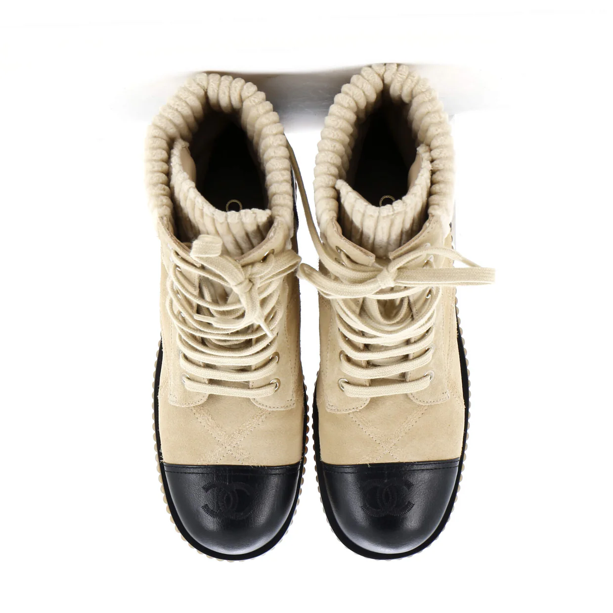 Women's Chain CC Cap Toe Lace Up Combat Boots Quilted Leather - Deep Luxury