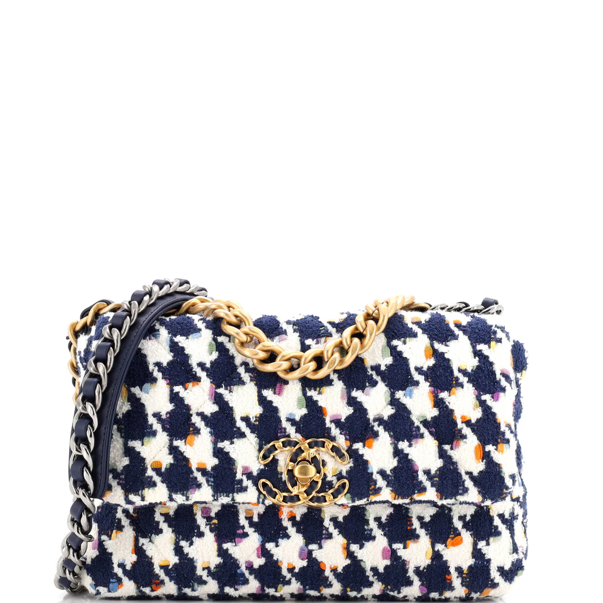 19 Flap Bag Quilted Houndstooth Tweed and Ribbon Medium - Deep Luxury