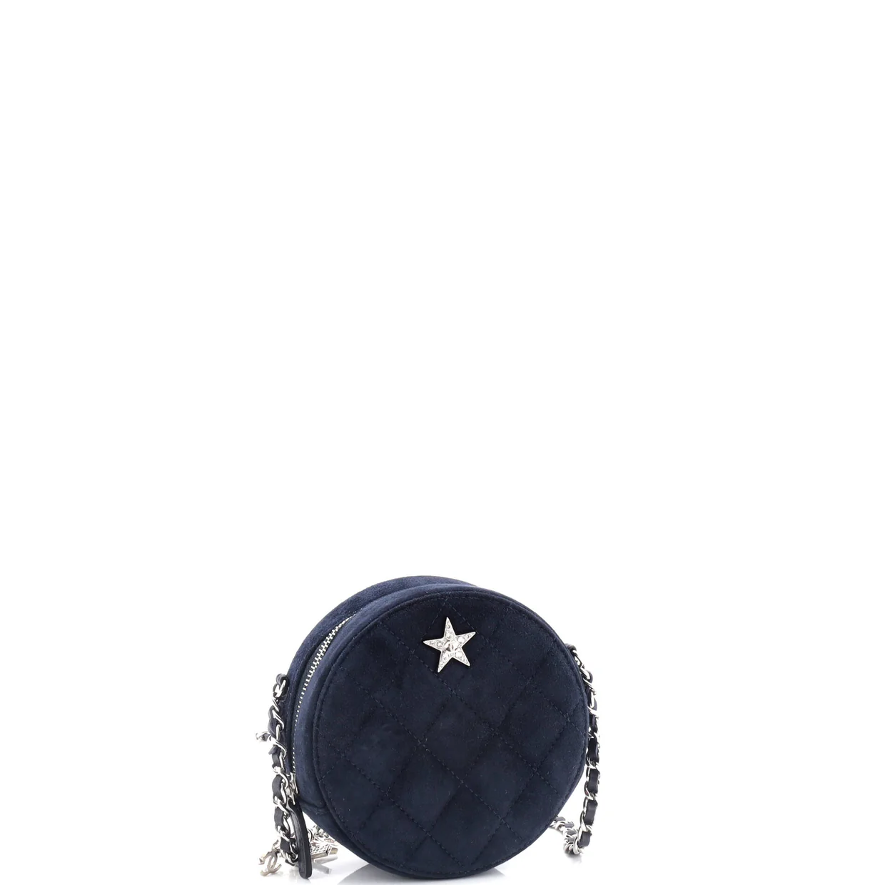 Star Round Clutch with Chain Quilted Suede with Crystal Embellished Charms - Deep Luxury