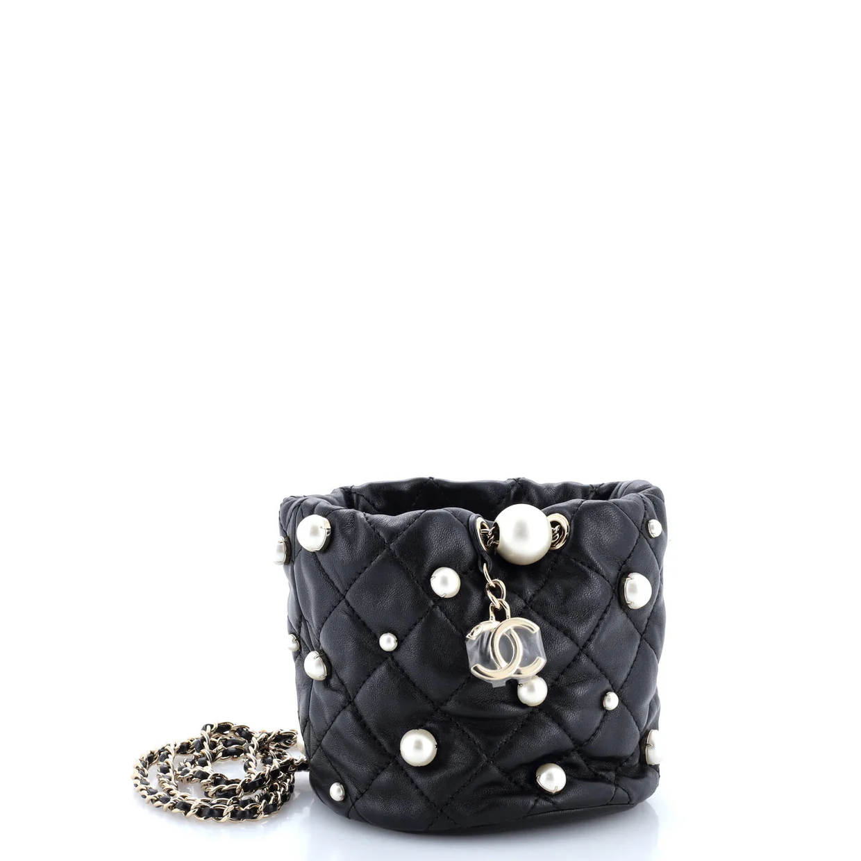 Drawstring Round Bucket Bag Pearl Embellished Quilted Lambskin Mini - Deep Luxury