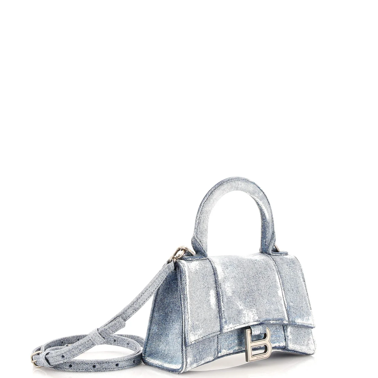 Hourglass Top Handle Bag Denim Printed Leather Small - Deep Luxury