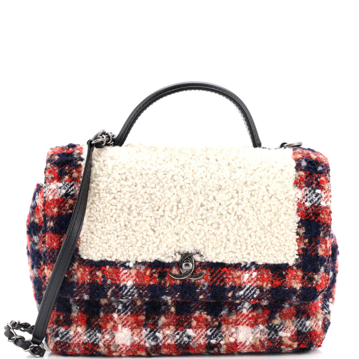 Top Handle Bag Shearling with Tweed Small - Deep Luxury