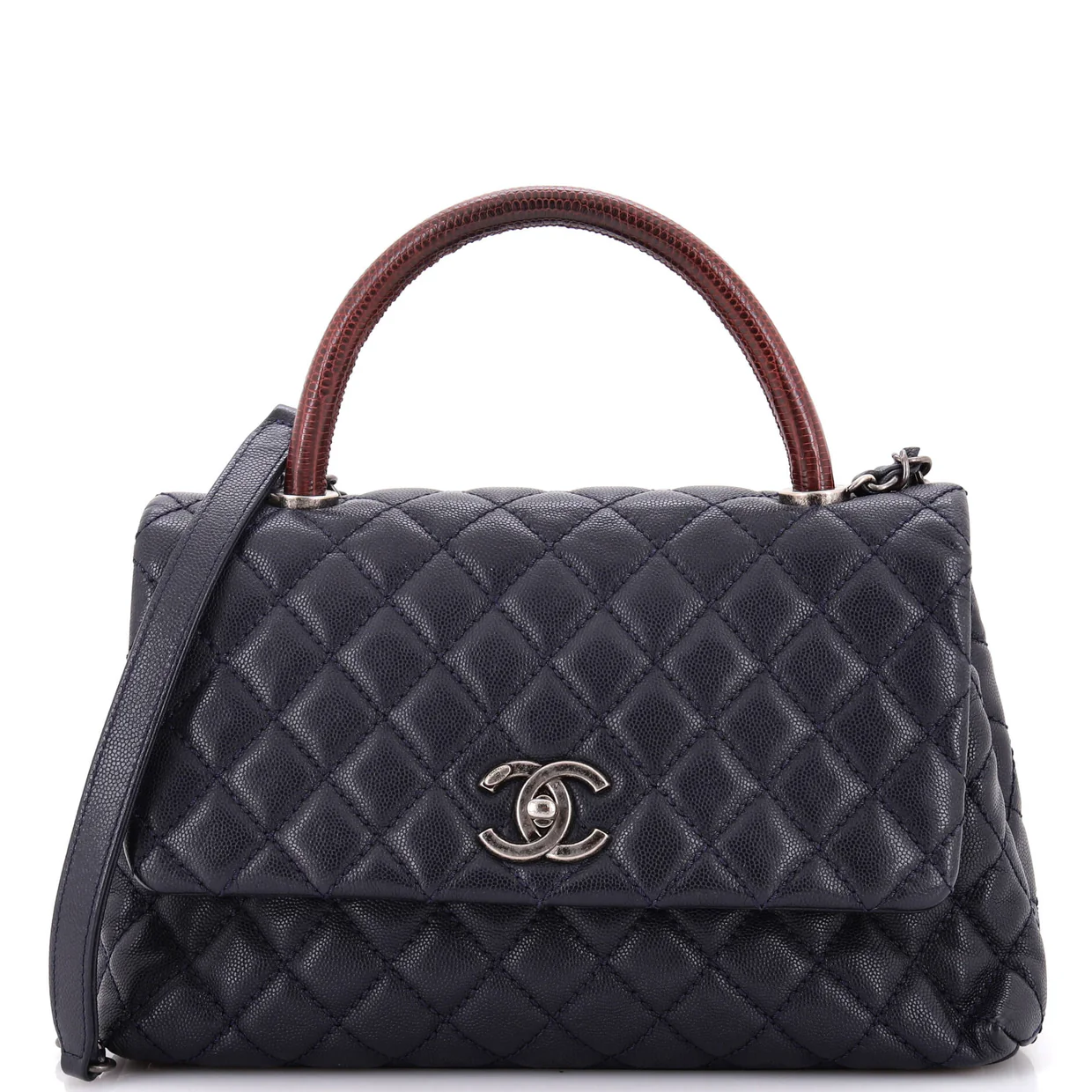 Coco Top Handle Bag Quilted Caviar with Lizard Small - Deep Luxury