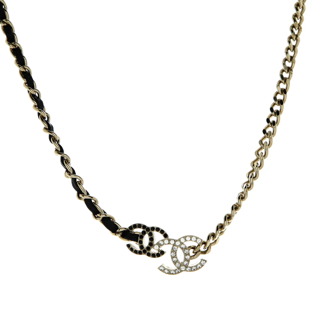 Double CC Chain Choker Necklace Metal with Leather and Crystals - Deep Luxury