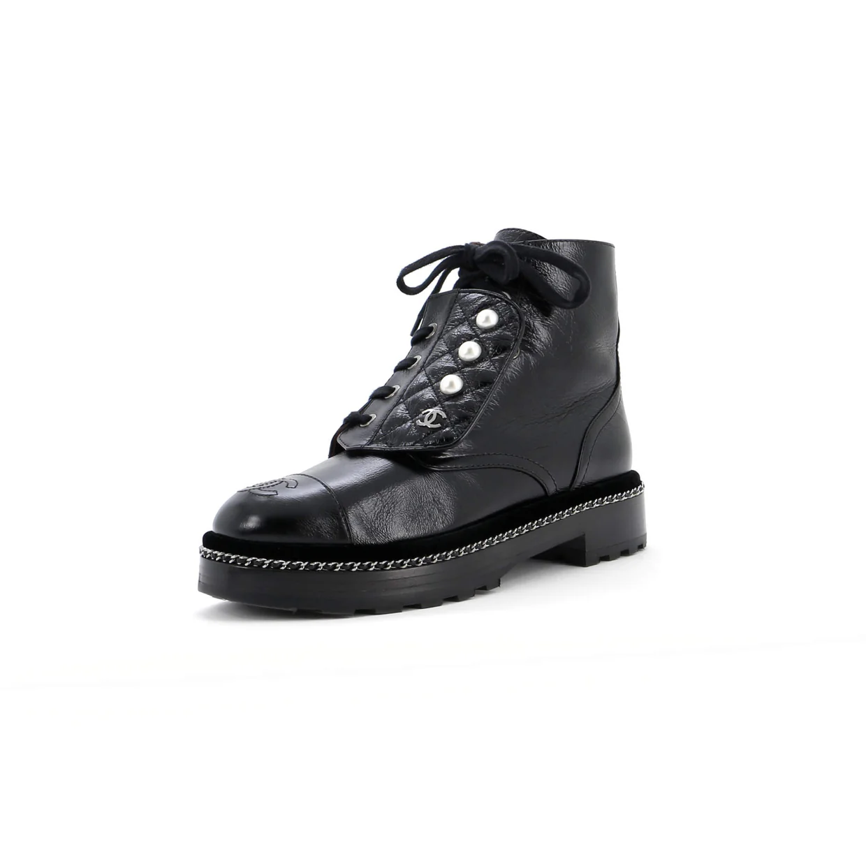 Women's Cap Toe CC Chain Around Pearl Combat Boots Leather - Deep Luxury