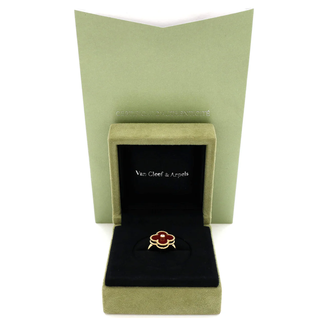 Vintage Alhambra Ring 18K Yellow Gold with Carnelian and Diamond - Deep Luxury
