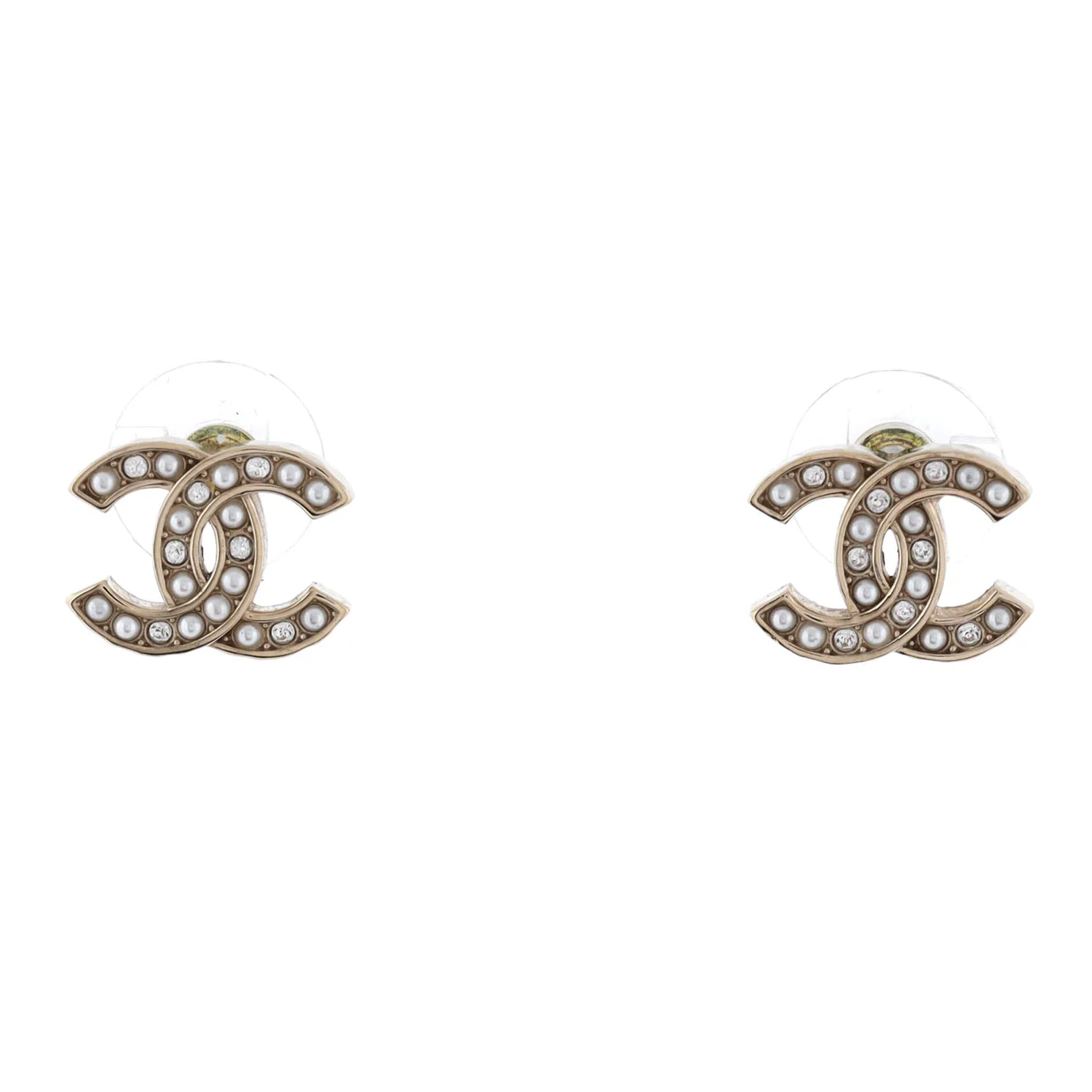 CC Stud Earrings Faux Pearls and Crystal Embellished Metal - Deep Luxury