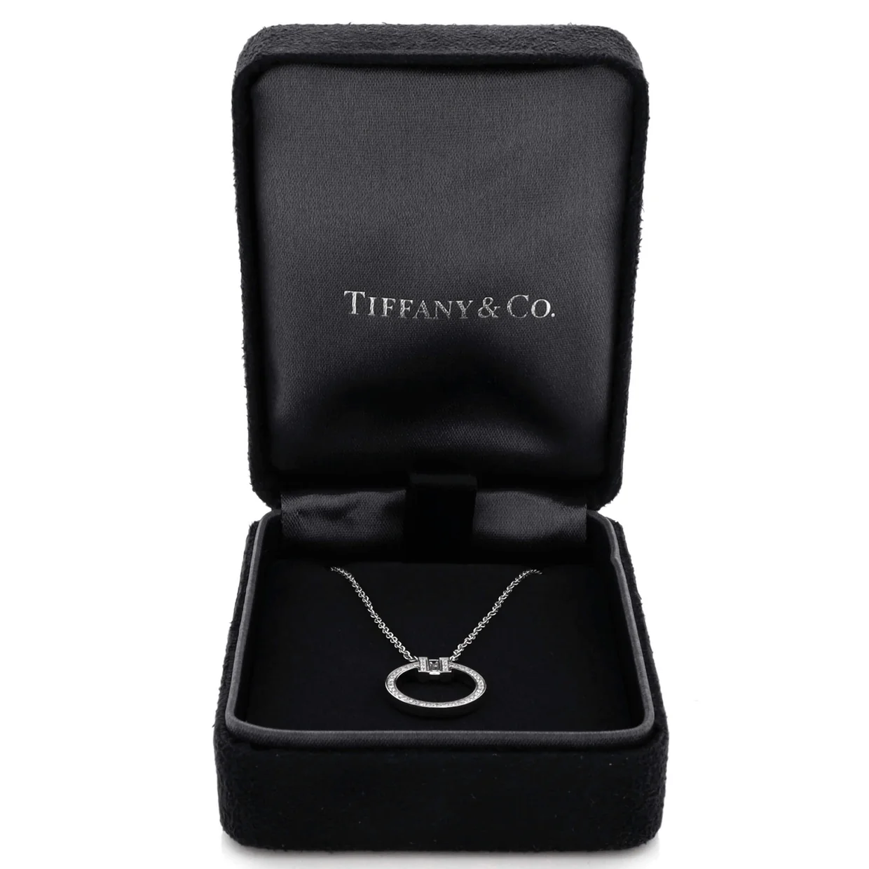 T Circle Pendant Necklace 18K White Gold with Diamonds and Center Baguette Diamond Small - Deep Luxury