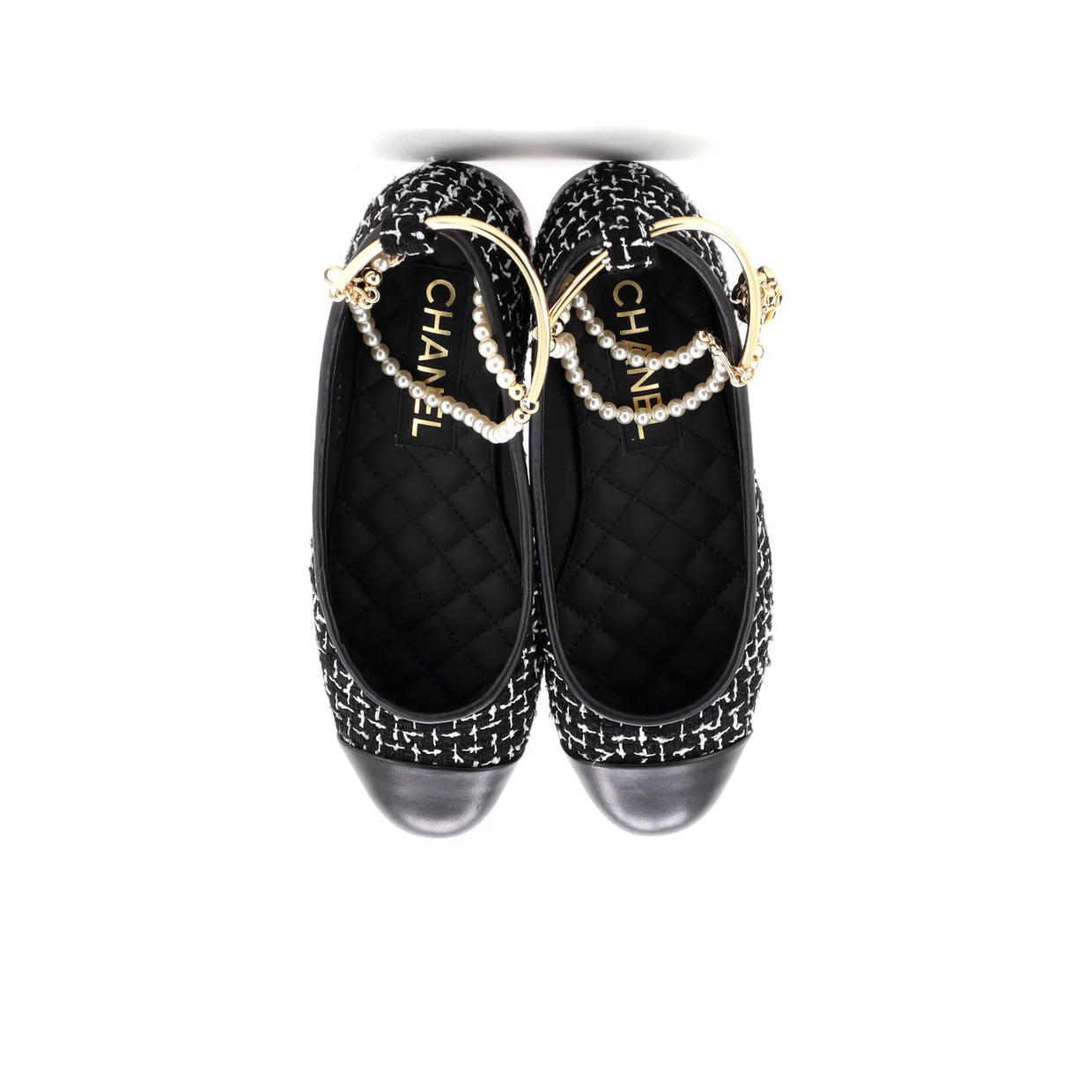 Women's Ballet Flats with Ankle Chain Tweed with Faux Pearls - Deep Luxury