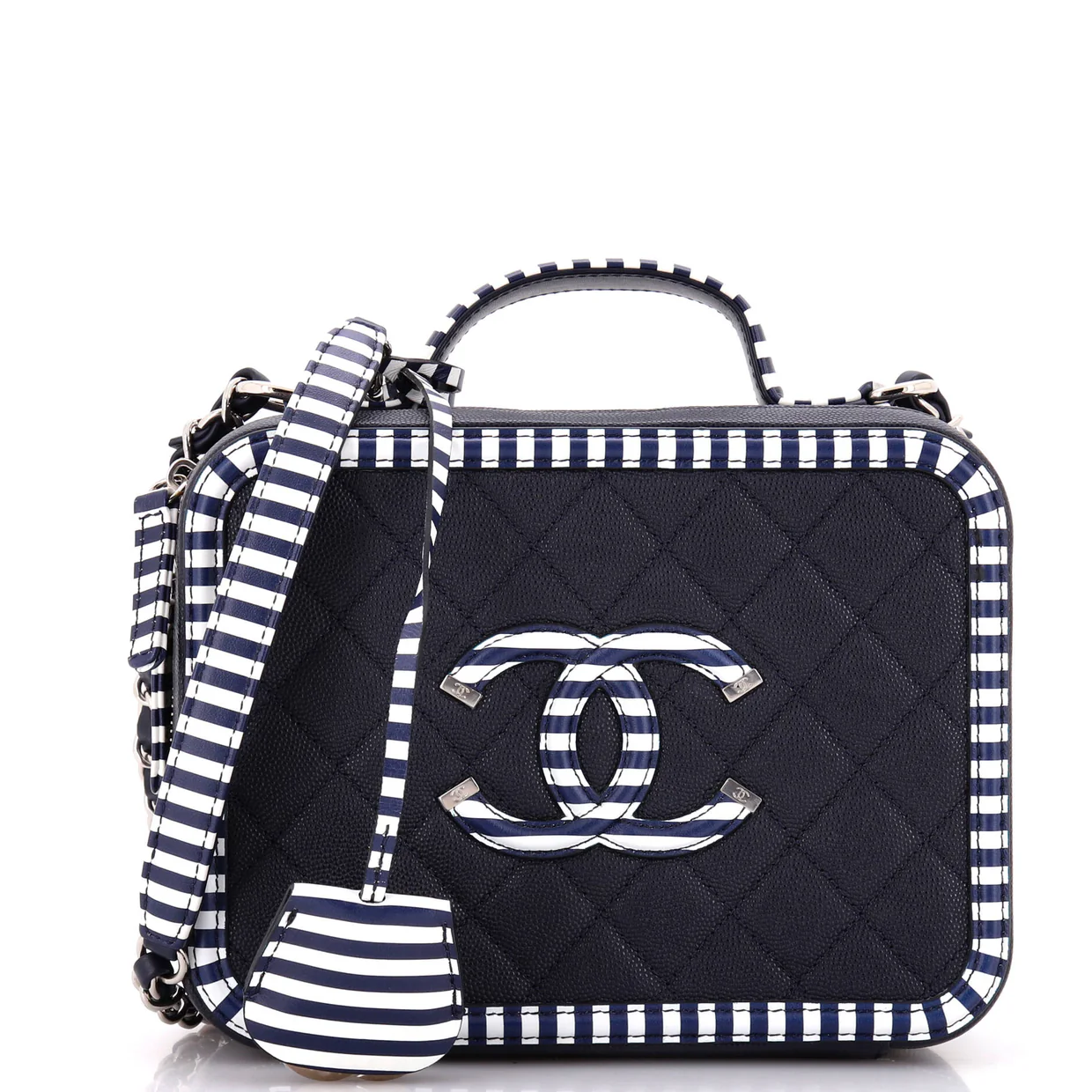 Filigree Vanity Case Quilted Caviar with Striped Leather Medium - Deep Luxury