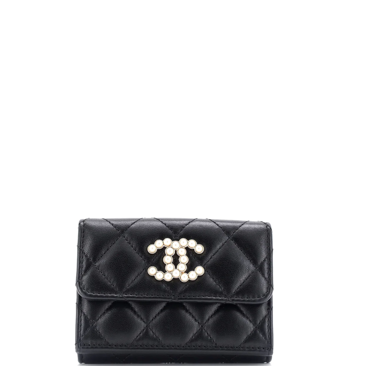 CC Pearl Trifold Flap Wallet Quilted Lambskin Small - Deep Luxury