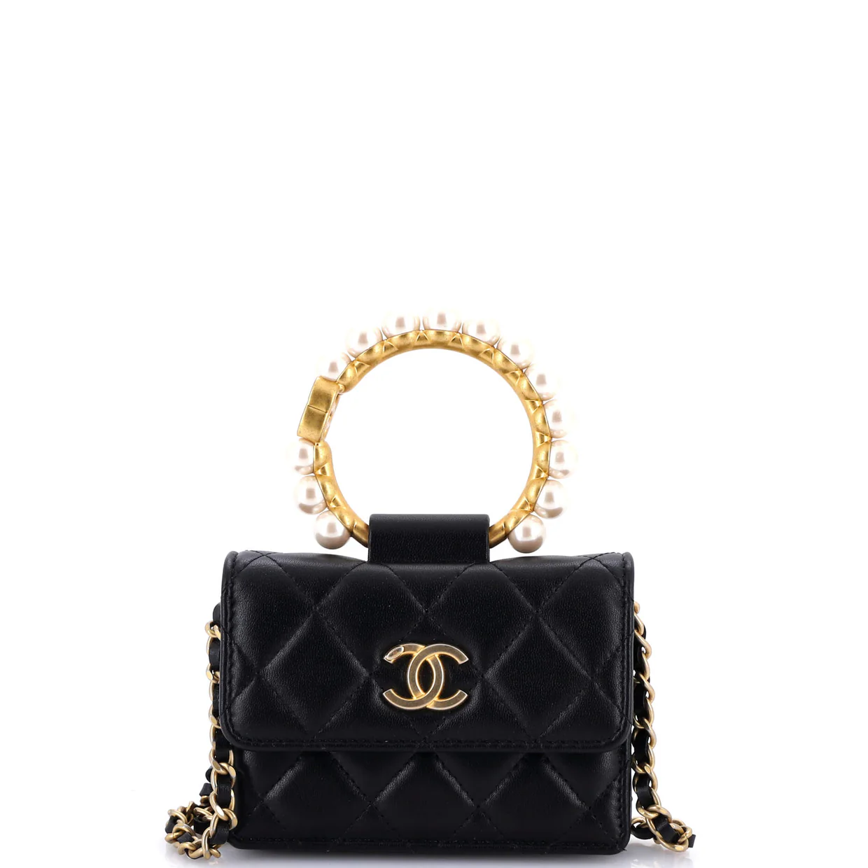 Pearl Crown Clutch with Chain Quilted Lambskin - Deep Luxury