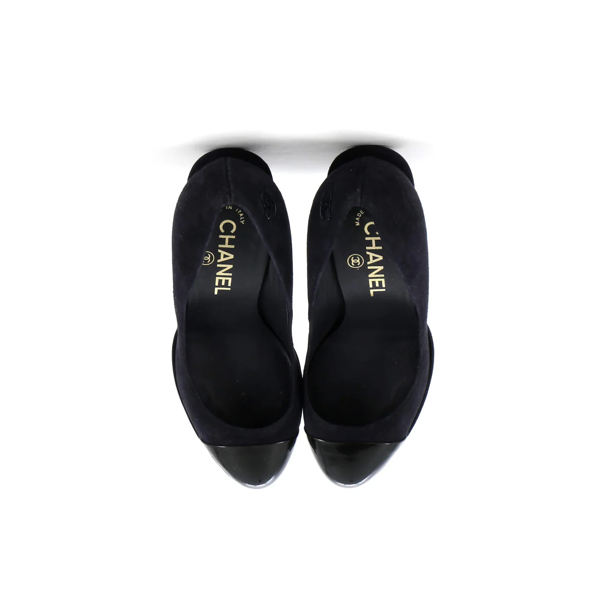 Women's CC Cap Toe Logo Heel Pumps Suede with Patent - Deep Luxury