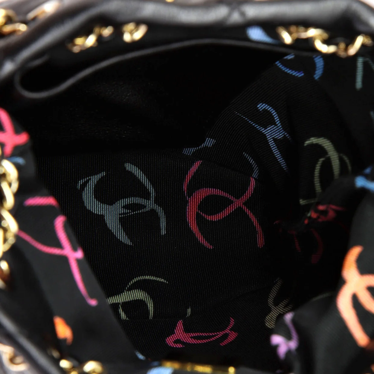 Logo Script Drawstring Chain Backpack Quilted Shiny Lambskin Small - Deep Luxury