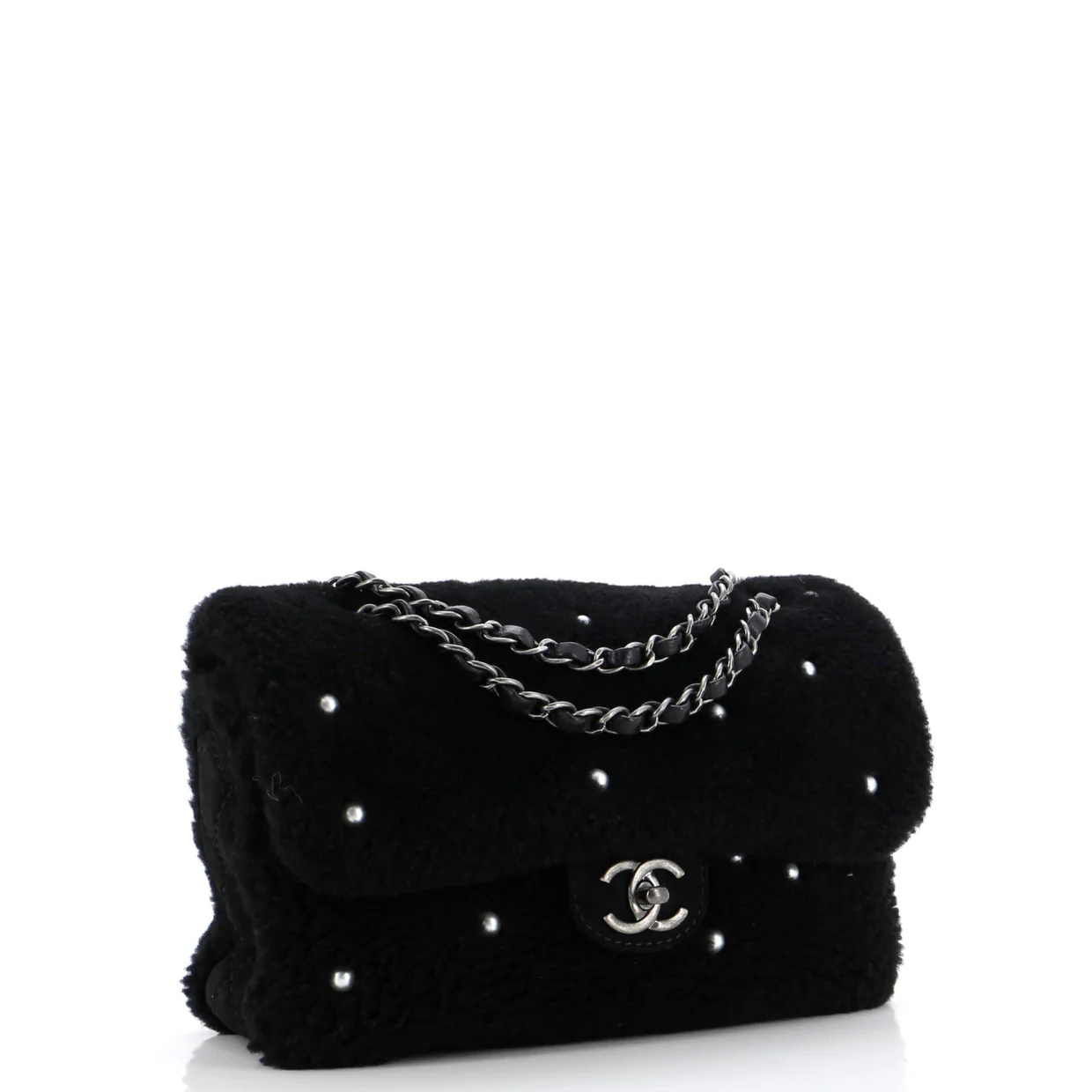 CC Chain Flap Bag Pearl Embellished Shearling Medium - Deep Luxury
