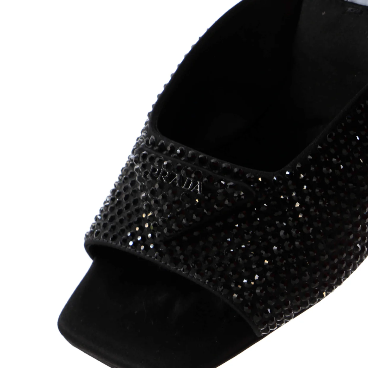 Women's Triangle Logo Heeled Mule Sandals Crystal Embellished Satin - Deep Luxury