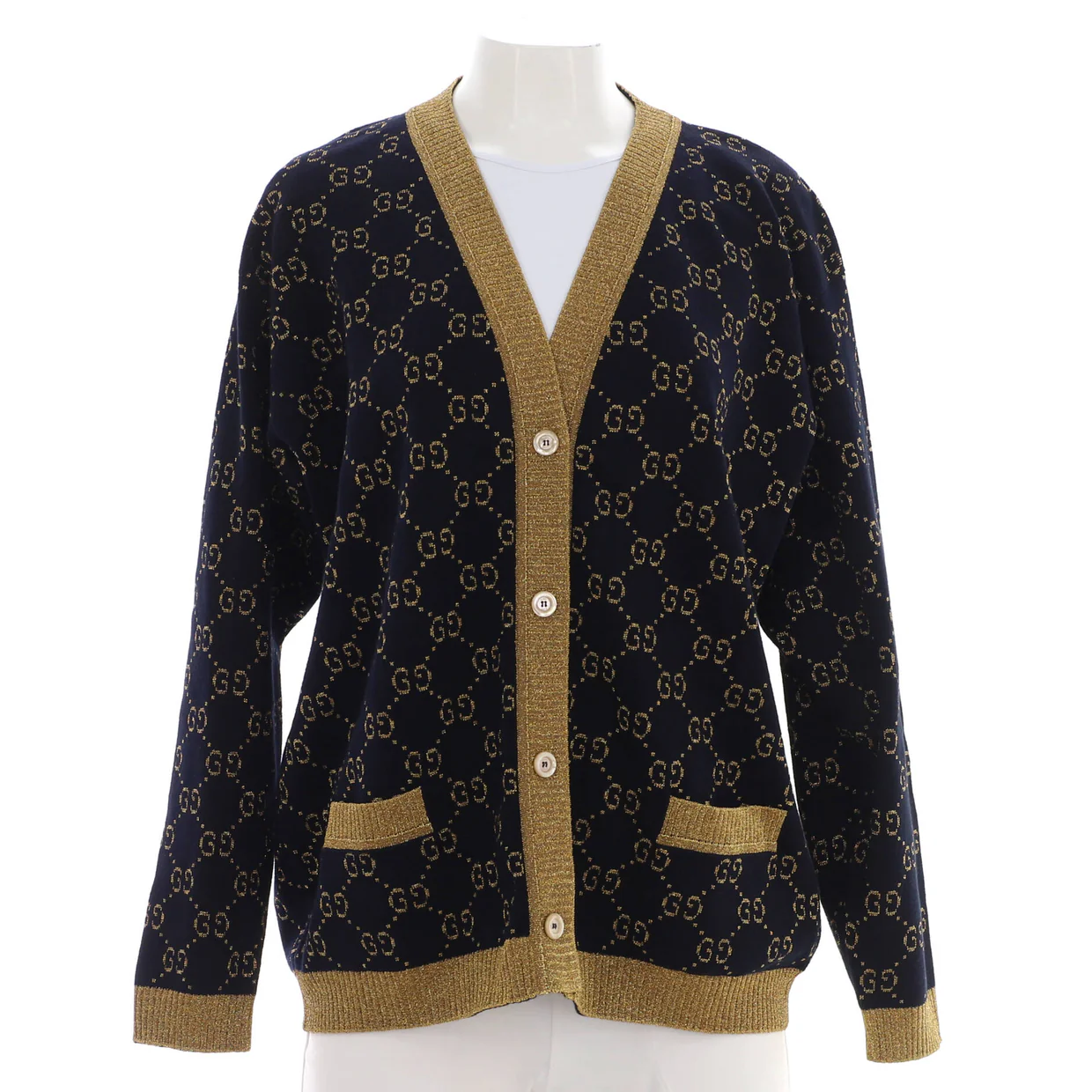 Women's V-Neck Cardigan GG Lame Cotton Blend - Deep Luxury