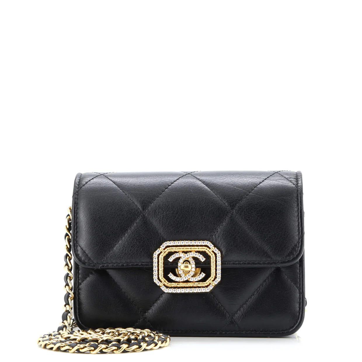 Crystal Geometric Frame CC Clutch with Chain Quilted Calfskin - Deep Luxury