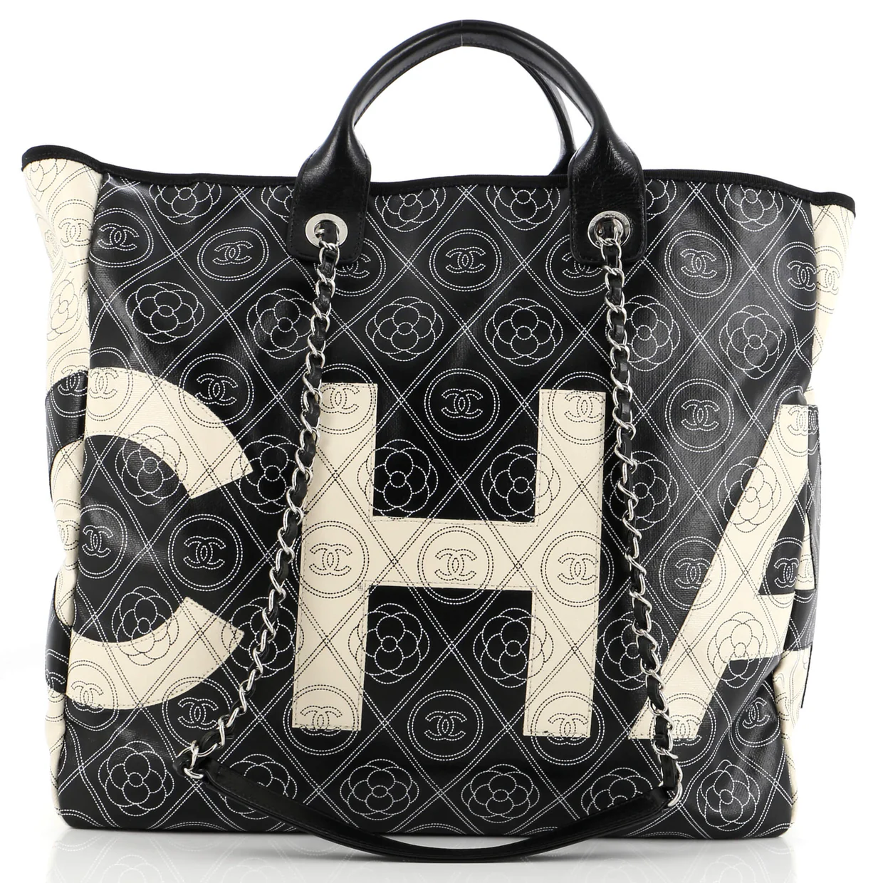 Logo Camellia Shopping Tote Printed Coated Canvas Medium - Deep Luxury