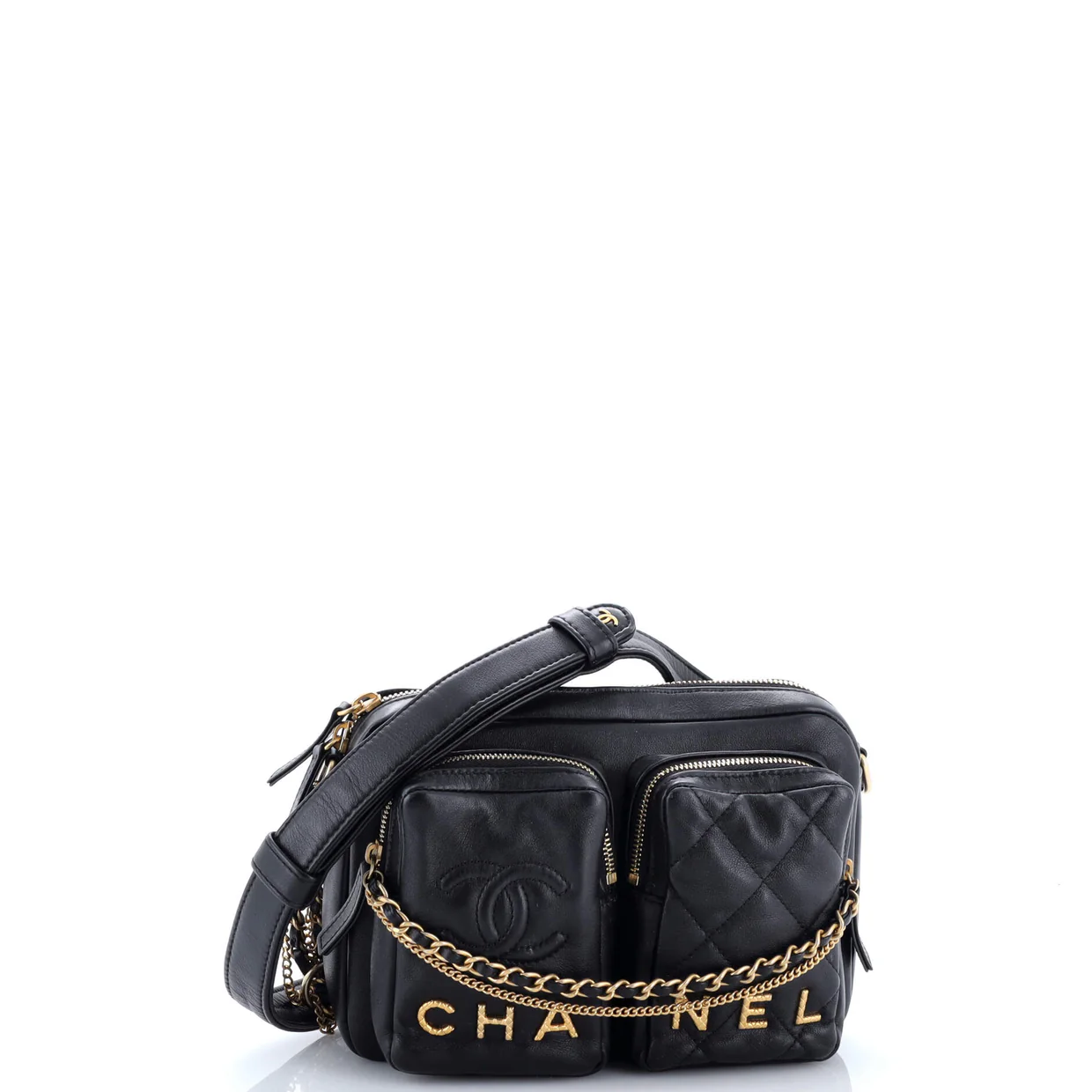 Logo Twin Pockets Chain Camera Case Quilted Calfskin Small - Deep Luxury