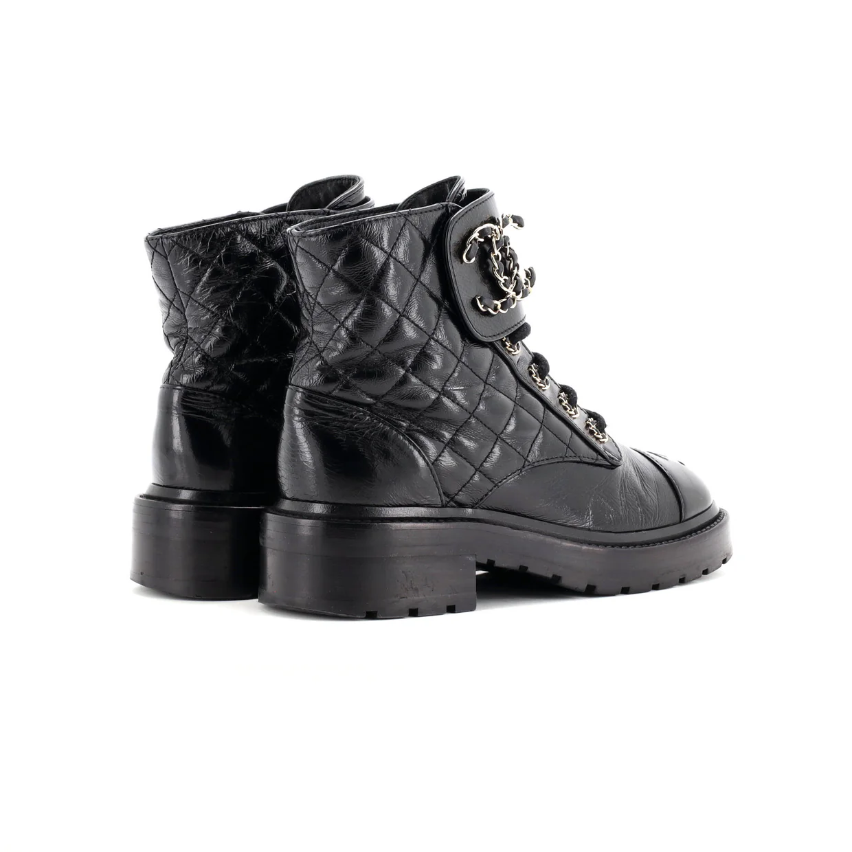 Women's Chain CC Cap Toe Lace Up Combat Boots Quilted Shiny Calfskin - Deep Luxury