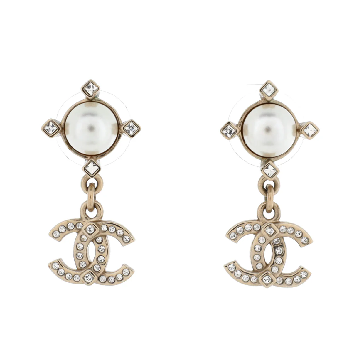 Geometric CC Drop Earrings Metal with Crystals and Faux Pearls - Deep Luxury